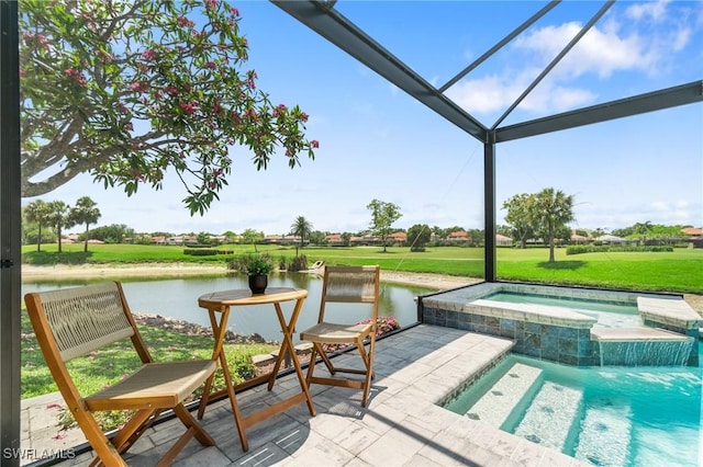 10334 Quail Crown Dr, Naples, FL 34119 - view of swimming pool with a water view, a pool with connected hot tub, a yard, and a patio area