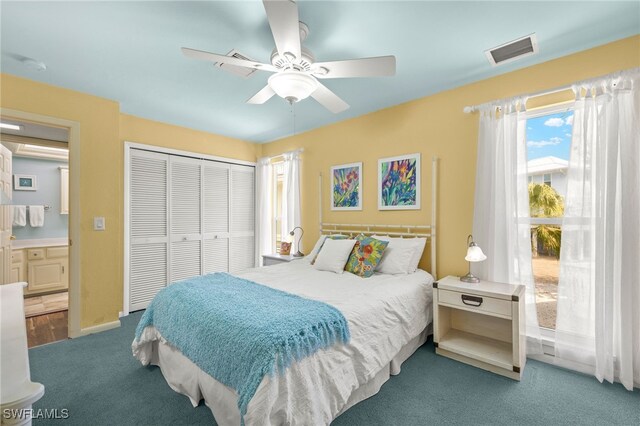 bedroom featuring carpet floors, a closet, and ceiling fan
