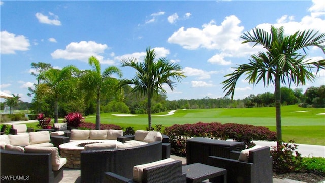 view of patio / terrace featuring an outdoor hangout area and view of golf course