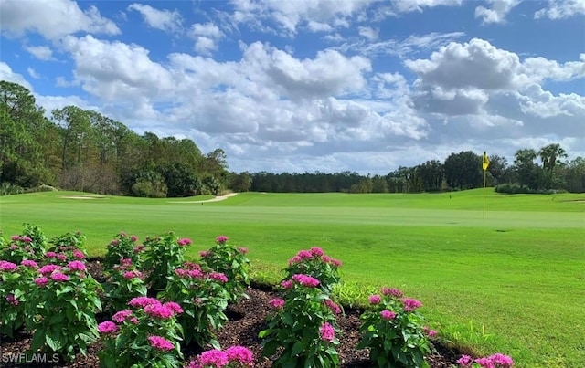 view of home's community with golf course view, a lawn, and view of wooded area