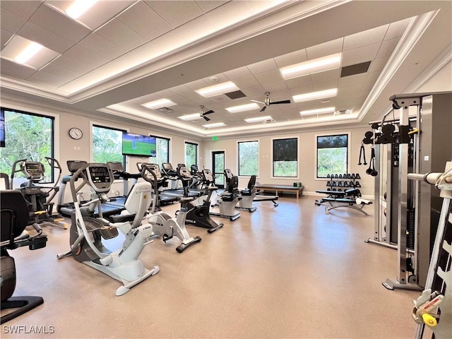 exercise room with a raised ceiling, plenty of natural light, a drop ceiling, and ornamental molding
