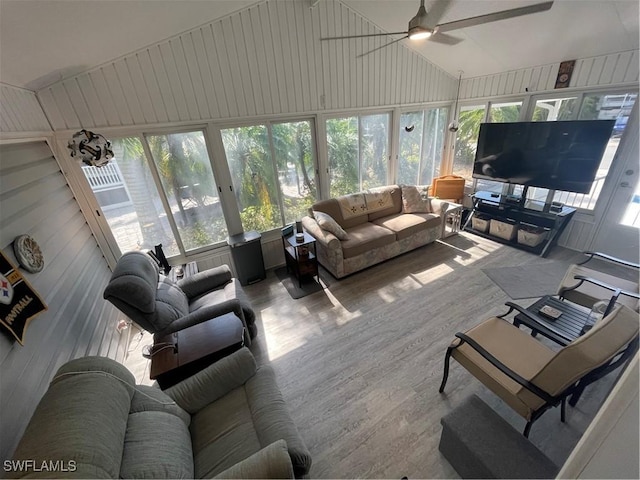 5570 Cypresswoods Resort Dr, Fort Myers, FL 33905 - living room with ceiling fan, wood finished floors, and high vaulted ceiling