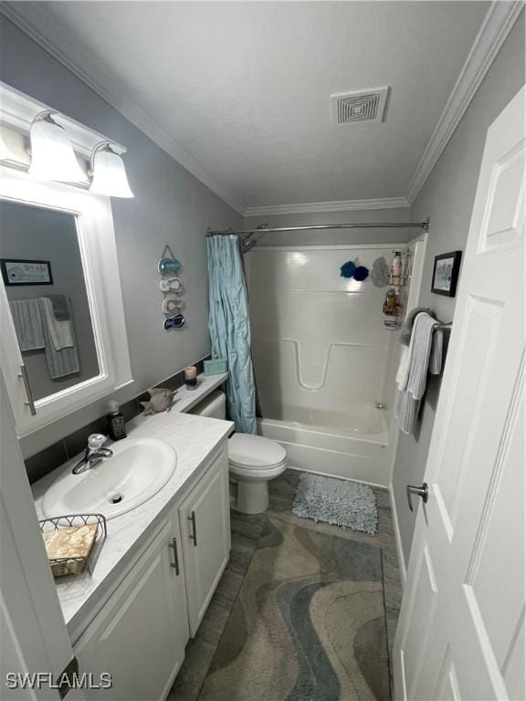 5570 Cypresswoods Resort Dr, Fort Myers, FL 33905 - full bathroom featuring vanity, crown molding, shower / tub combo, and toilet