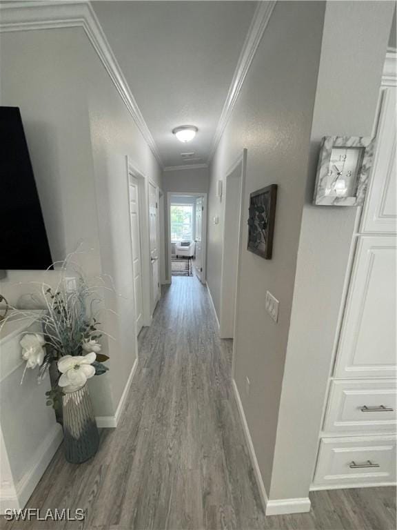 5570 Cypresswoods Resort Dr, Fort Myers, FL 33905 - hallway featuring wood finished floors, crown molding, and baseboards