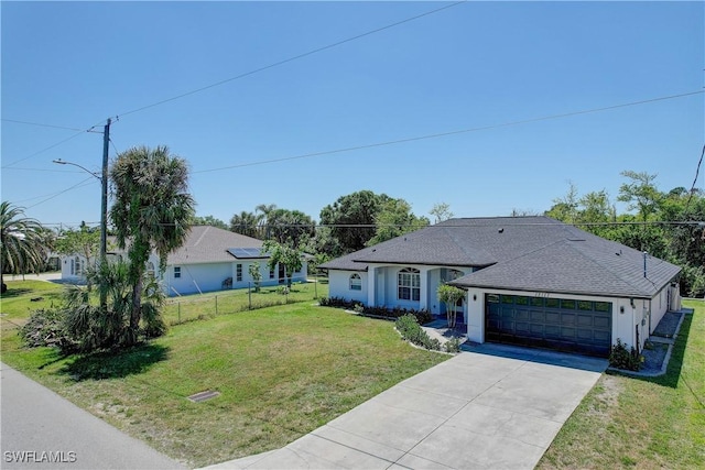 single story home featuring concrete driveway, a garage, stucco siding, and a shingled roof