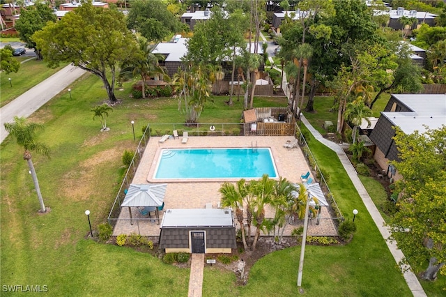 drone / aerial view of a pool area