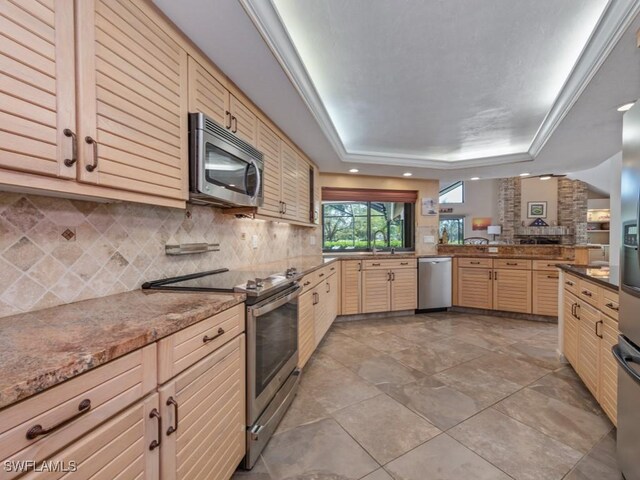 kitchen featuring appliances with stainless steel finishes, a tray ceiling, tasteful backsplash, and recessed lighting