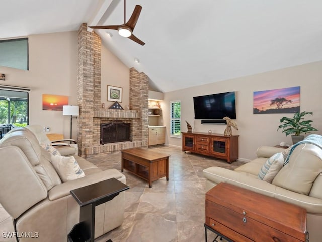 living area featuring ceiling fan, high vaulted ceiling, a brick fireplace, baseboards, and beamed ceiling