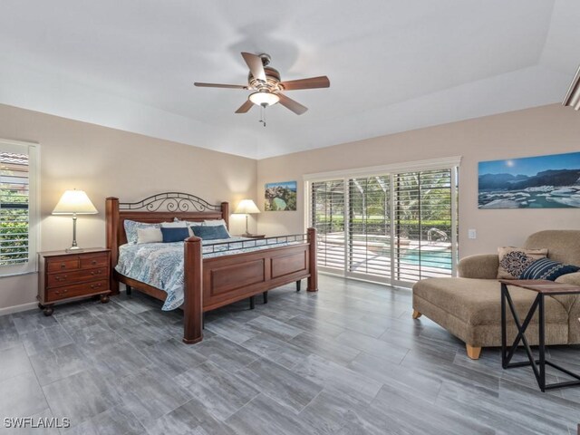 bedroom featuring access to outside and ceiling fan