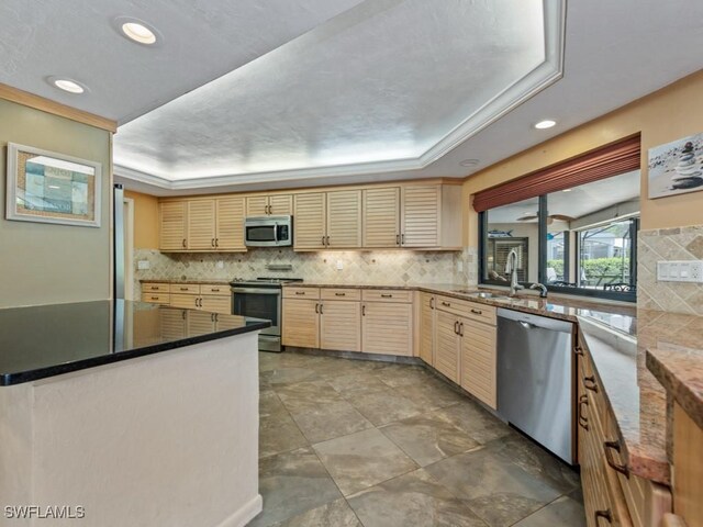kitchen with appliances with stainless steel finishes, a tray ceiling, decorative backsplash, a sink, and recessed lighting