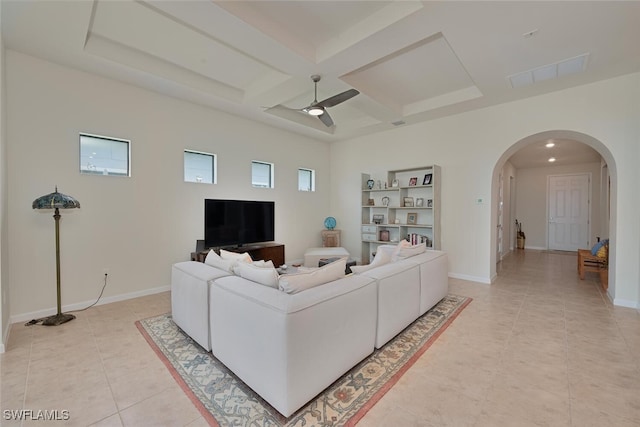 20956 Corkscrew Shores Blvd E, Estero, FL 33928 - living area featuring arched walkways, coffered ceiling, light tile patterned floors, a ceiling fan, and beamed ceiling