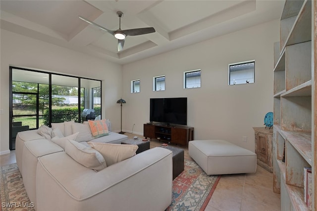 20956 Corkscrew Shores Blvd E, Estero, FL 33928 - living room featuring coffered ceiling, ceiling fan, beam ceiling, light tile patterned floors, and baseboards