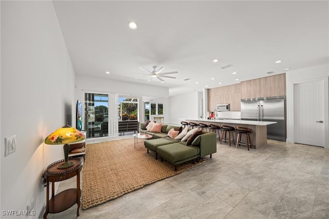 14931 David Dr, Fort Myers, FL 33908 - living area featuring a ceiling fan and recessed lighting