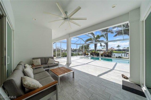 14931 David Dr, Fort Myers, FL 33908 - view of patio featuring an outdoor living space, ceiling fan, an outdoor pool, and glass enclosure
