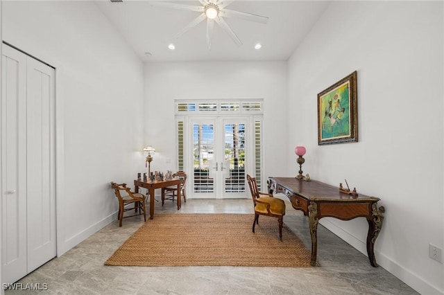 14931 David Dr, Fort Myers, FL 33908 - home office with french doors, ceiling fan, baseboards, and recessed lighting