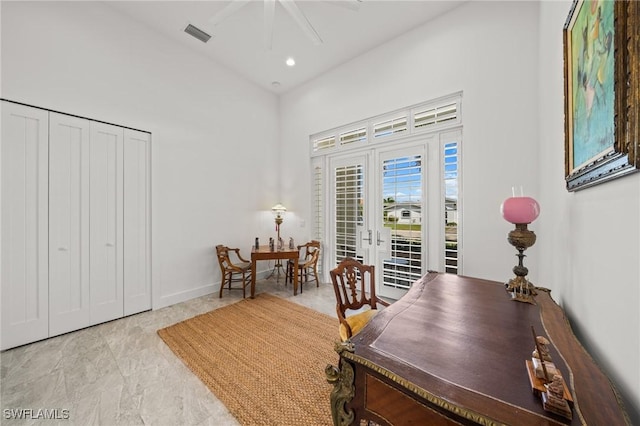 14931 David Dr, Fort Myers, FL 33908 - office area with a ceiling fan, a towering ceiling, baseboards, recessed lighting, and french doors