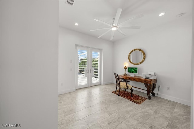 14931 David Dr, Fort Myers, FL 33908 - office area featuring french doors, a ceiling fan, baseboards, and recessed lighting