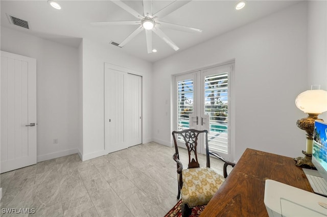 14931 David Dr, Fort Myers, FL 33908 - office area featuring a ceiling fan, recessed lighting, and baseboards
