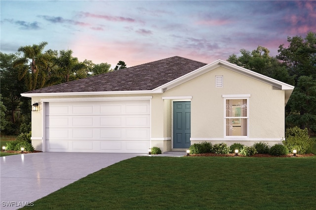 1146 Ebony St E, Lehigh Acres, FL 33974 - view of front of house with driveway, a garage, a front yard, and stucco siding