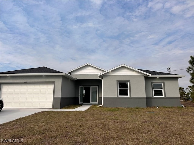 ranch-style house with stucco siding, an attached garage, driveway, and a front lawn