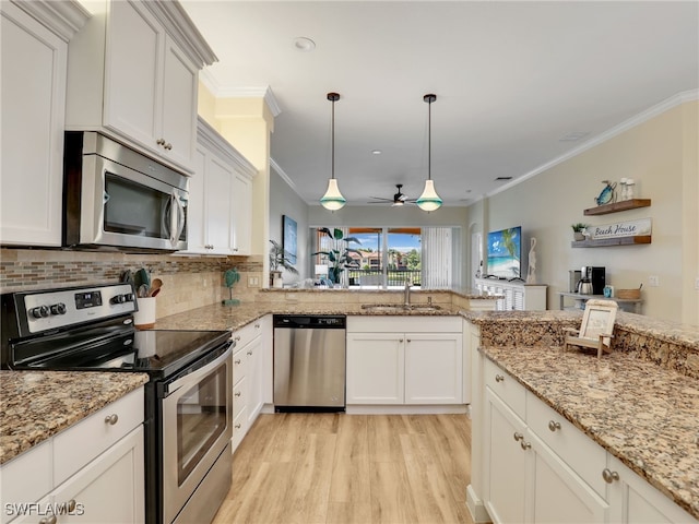 8532 Via Lungomare Cir Unit 203, Estero, FL 33928 - kitchen with appliances with stainless steel finishes, light wood-style flooring, a ceiling fan, a sink, and crown molding