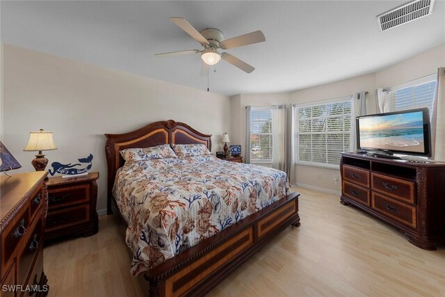 bedroom featuring light wood-type flooring, baseboards, and ceiling fan