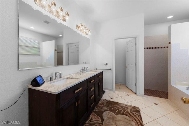 full bath featuring tile patterned flooring, a walk in shower, double vanity, recessed lighting, and a tub to relax in