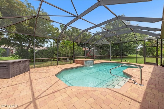 outdoor pool with a patio area and glass enclosure