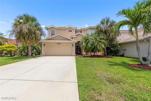 view of front of house with an attached garage, driveway, a front lawn, stucco siding, and a tile roof