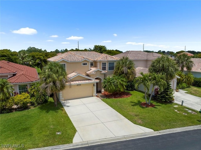 view of front of property featuring driveway, a front yard, a garage, a tile roof, and stucco siding