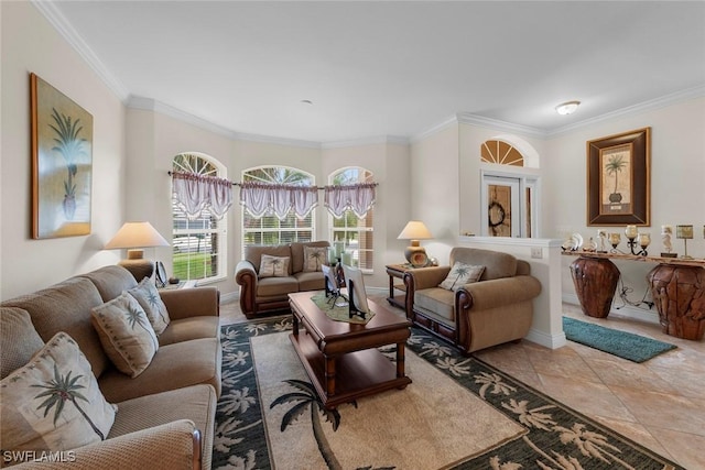 living area with ornamental molding and baseboards
