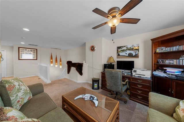 living area featuring carpet, an office area, a ceiling fan, baseboards, and recessed lighting