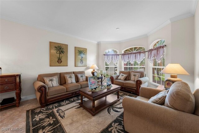 living room featuring crown molding and baseboards