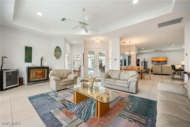 4081 Marianne Key Rd, Punta Gorda, FL 33955 - living area with a raised ceiling, a ceiling fan, light tile patterned floors, and recessed lighting