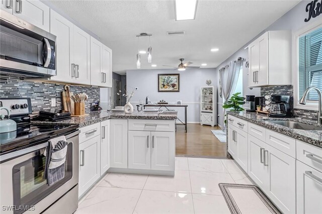 2809 50th St SW, Naples, FL 34116 - kitchen featuring stainless steel appliances, a sink, white cabinetry, a peninsula, and tasteful backsplash