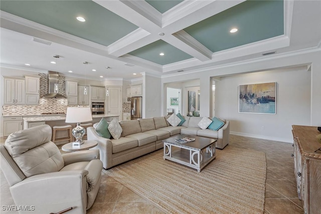 living room with ornamental molding, light tile patterned floors, coffered ceiling, beam ceiling, and recessed lighting