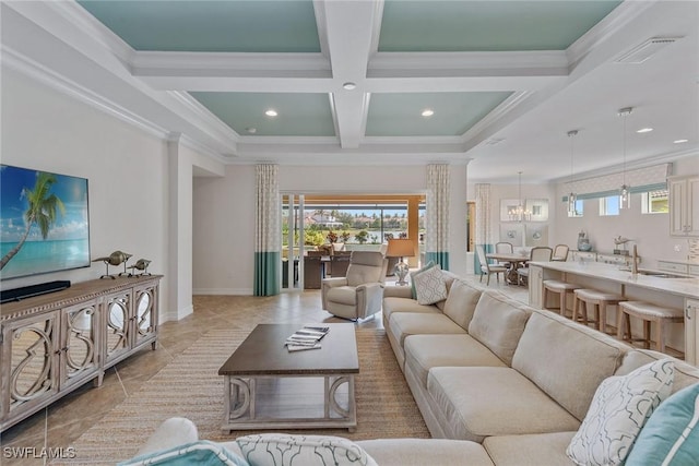 living room with recessed lighting, crown molding, a chandelier, baseboards, and light tile patterned floors