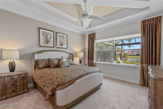 bedroom featuring light carpet, crown molding, baseboards, and a ceiling fan
