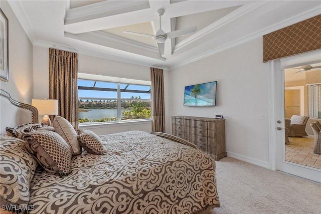 carpeted bedroom featuring crown molding, a ceiling fan, coffered ceiling, and baseboards