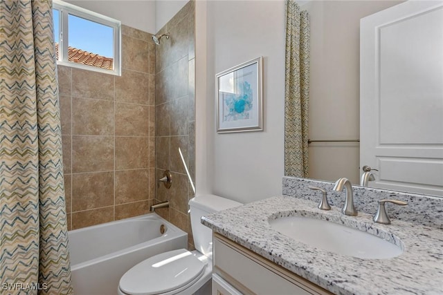 bathroom with shower / tub combo with curtain, toilet, and vanity