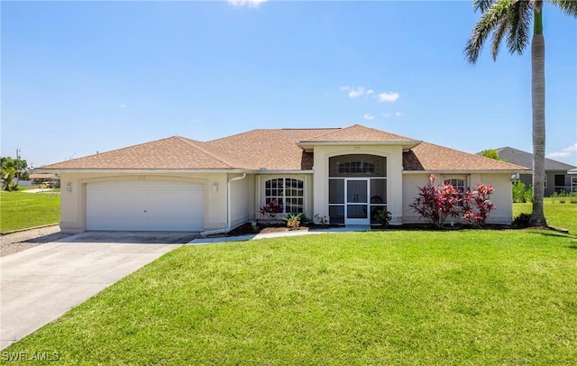 view of front of house with an attached garage, a front lawn, concrete driveway, and stucco siding