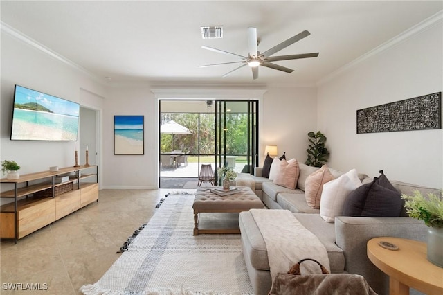 9519 Foxglove Ln, Naples, FL 34120 - living room with a ceiling fan, crown molding, light tile patterned flooring, and baseboards
