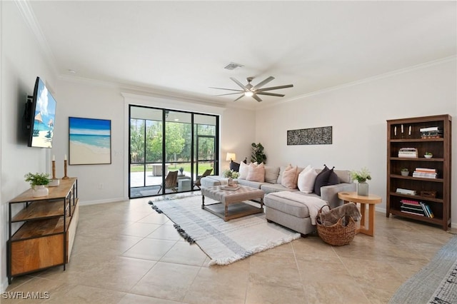 9519 Foxglove Ln, Naples, FL 34120 - living area with crown molding, ceiling fan, baseboards, and light tile patterned flooring