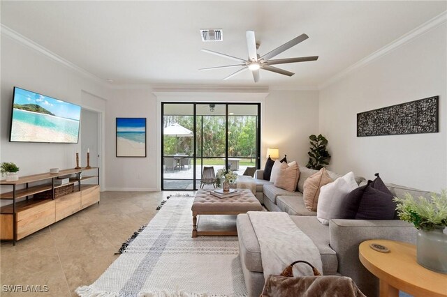 9519 Foxglove Ln, Naples, FL 34120 - living area featuring ceiling fan, ornamental molding, light tile patterned floors, and baseboards