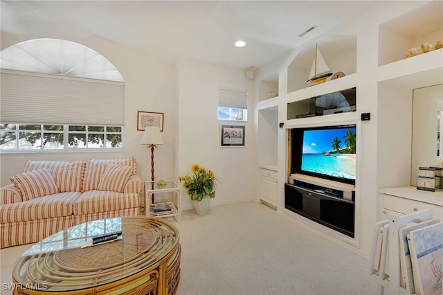 25224 Pelican Creek Cir Unit 203, Bonita Springs, FL 34134 - carpeted living room featuring built in shelves, recessed lighting, and baseboards