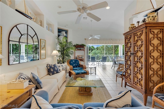 25224 Pelican Creek Cir Unit 203, Bonita Springs, FL 34134 - tiled living room with a ceiling fan, high vaulted ceiling, and recessed lighting