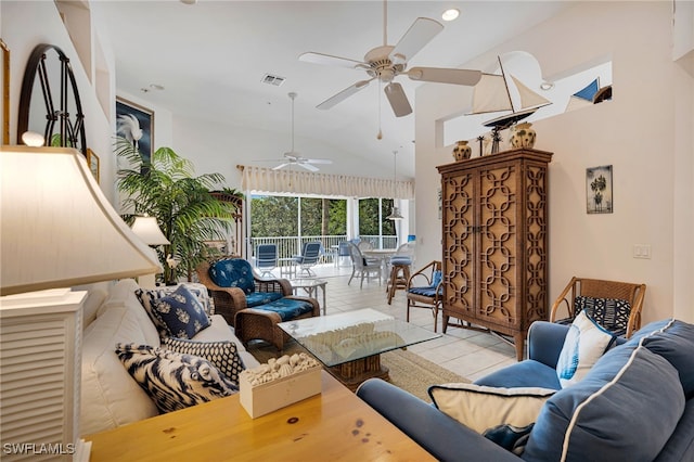 25224 Pelican Creek Cir Unit 203, Bonita Springs, FL 34134 - living area featuring high vaulted ceiling, ceiling fan, tile patterned flooring, and recessed lighting