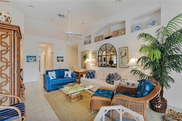 25224 Pelican Creek Cir Unit 203, Bonita Springs, FL 34134 - living room with ceiling fan, light tile patterned floors, and high vaulted ceiling