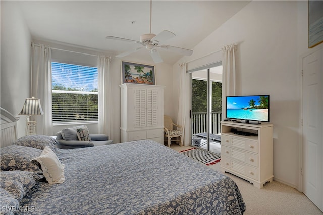 25224 Pelican Creek Cir Unit 203, Bonita Springs, FL 34134 - bedroom with access to outside, light colored carpet, vaulted ceiling, and a ceiling fan
