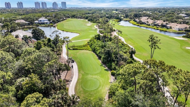 25224 Pelican Creek Cir Unit 203, Bonita Springs, FL 34134 - aerial view of property and surrounding area featuring a tree filled landscape, a large body of water, a local golf course, and nearby suburban area
